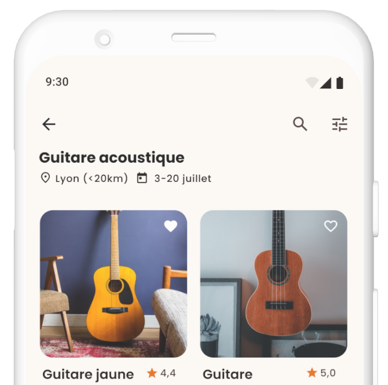 Résultats de recherche pour une guitare sur l'application Obladi